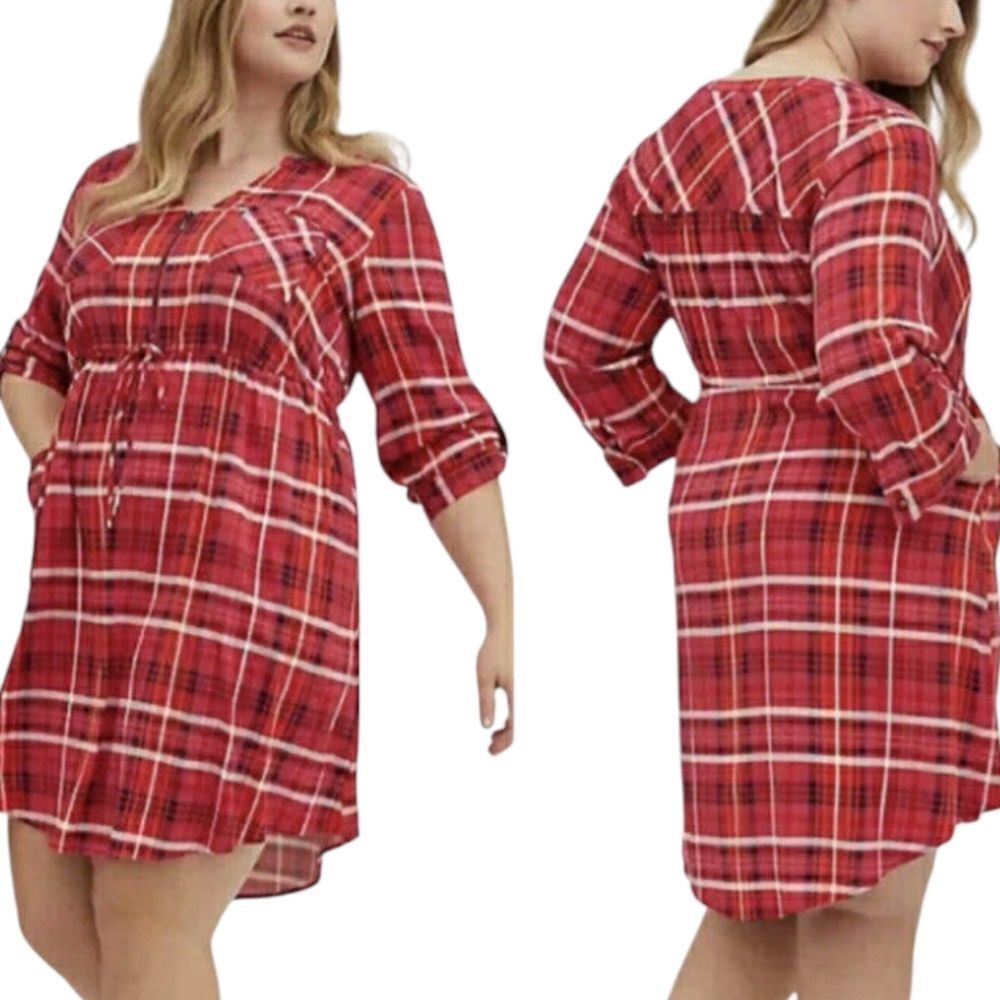 Torrid Plus Size 2X Plaid Challis Midi Dress - Roll Tab Sleeve V-Neck Drawstring
